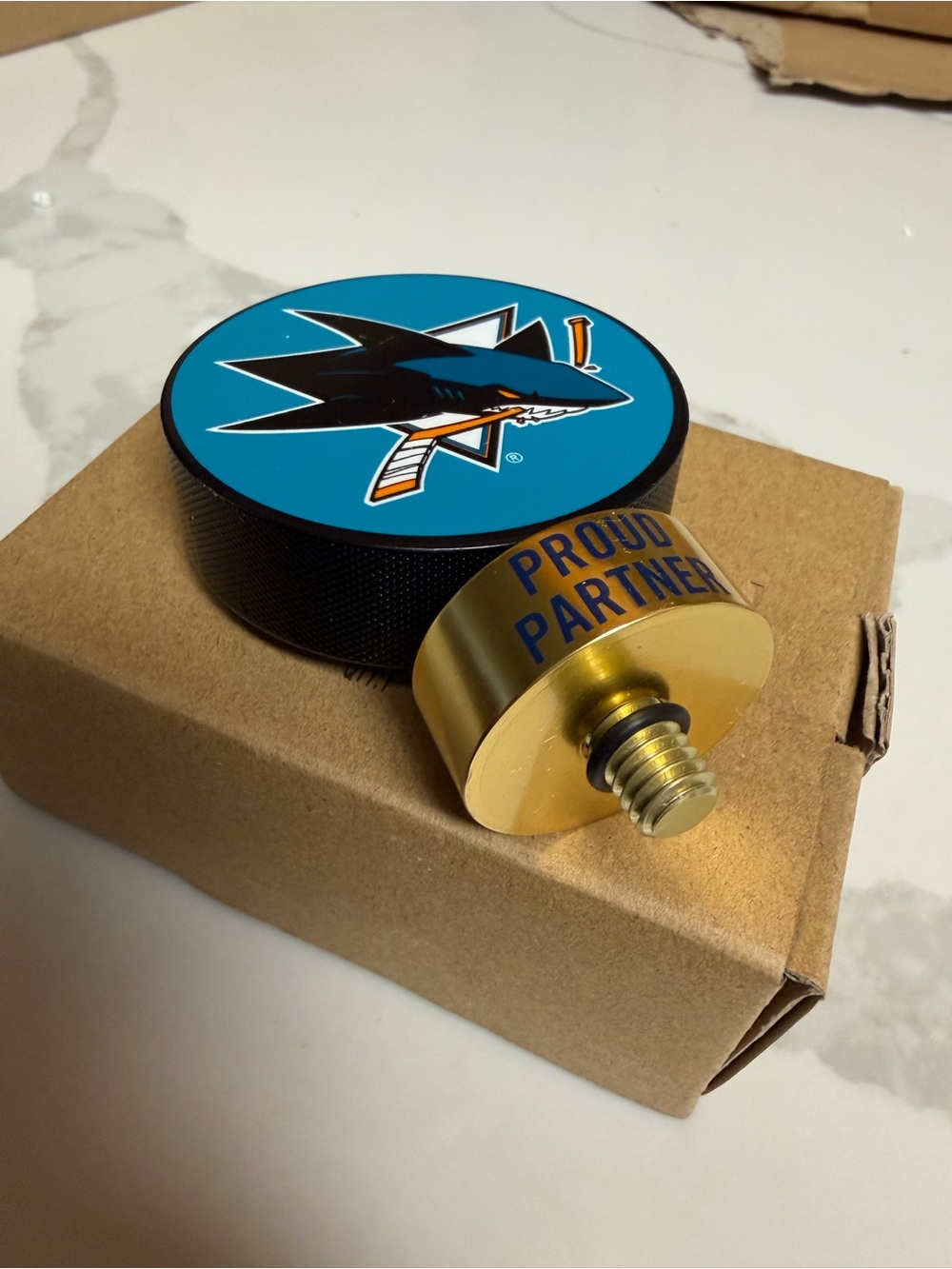 Tap Handle Topper - San Jose Sharks Hockey Puck with Gold 'Proud Partner